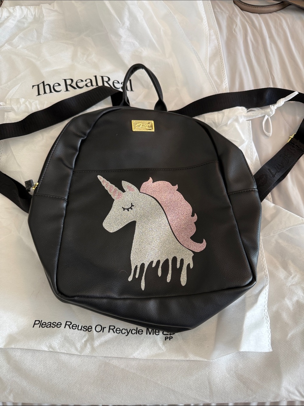 Betsey Johnson Black Faux-Leather Unicorn Backpack with Pink & Silver Glitter